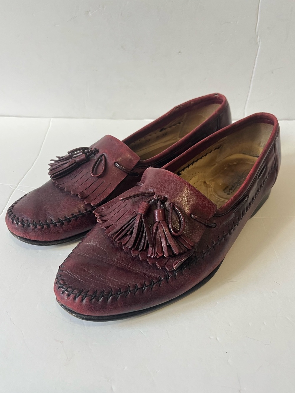 Santoni Tassel Burgundy Leather Whipstitch loafers Dress Shoes size 10D